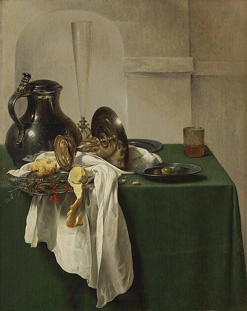 Cruche en étain et tazza en argent sur une table, 1633, Jan Jansz. den, the elder Uyl