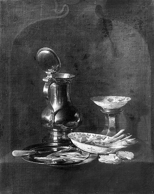Still life with pewter utensils and Chinese bowls, 1650, Jan Treck