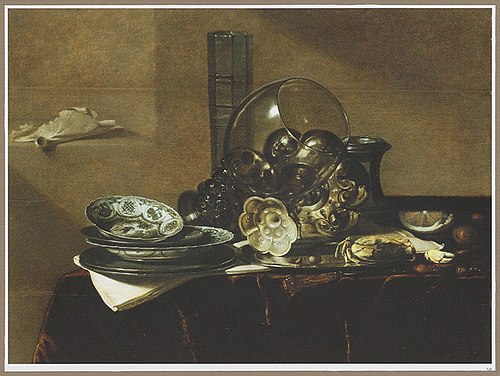 Still life with a roemer, a beer glass, a silver tazza on its side, a salt cellar and porcelain, 1644, Jan Treck