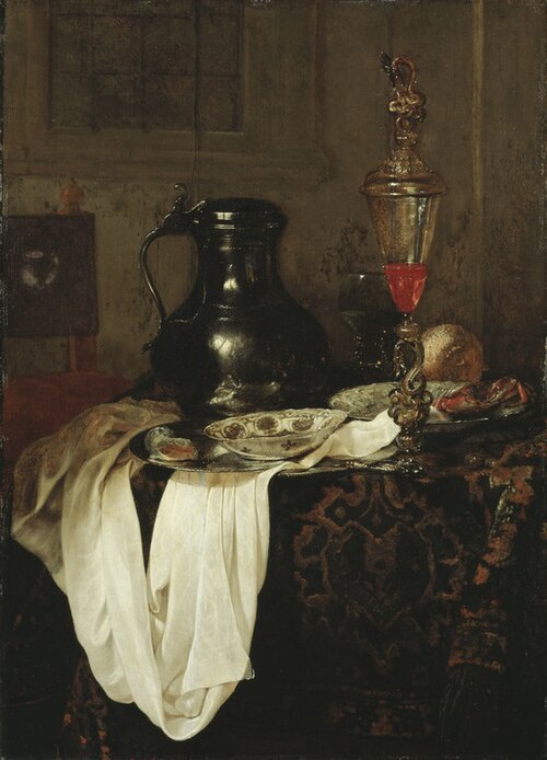 Still life with pewter pitcher and covered beaker, 1650, Jan Treck