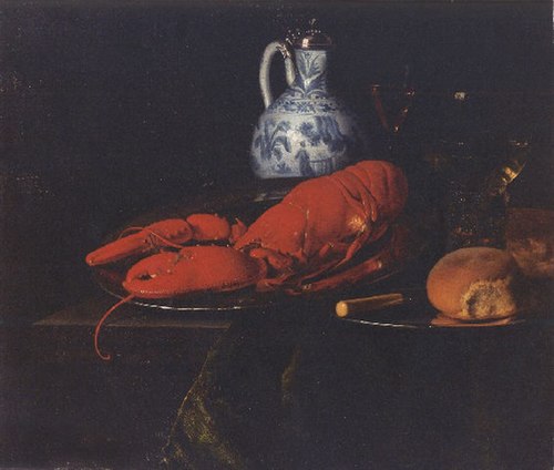 Still life with lobster, bread, knife, pewter plate, and roemer on a draped ledge, 1656, Simon Luttichuys