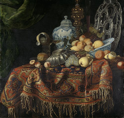 Nature morte aux fruits, plats sur un tapis turc, 1650, Simon Luttichuys