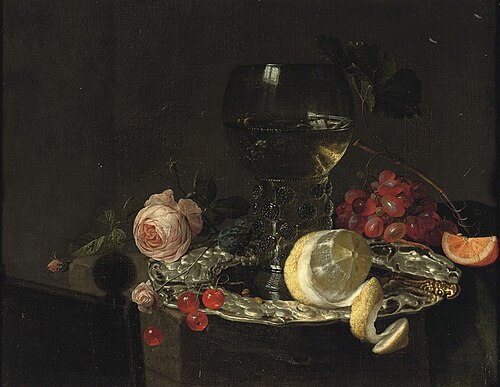 Still Life with rummer, dish and rose, 1660, Simon Luttichuys