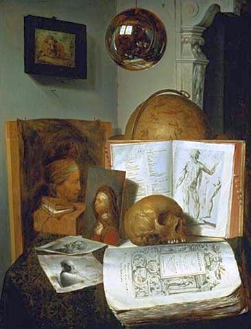 Vanitas still life with skull, books, prints and paintings, with a reflection of the painter at work, 1650, Simon Luttichuys