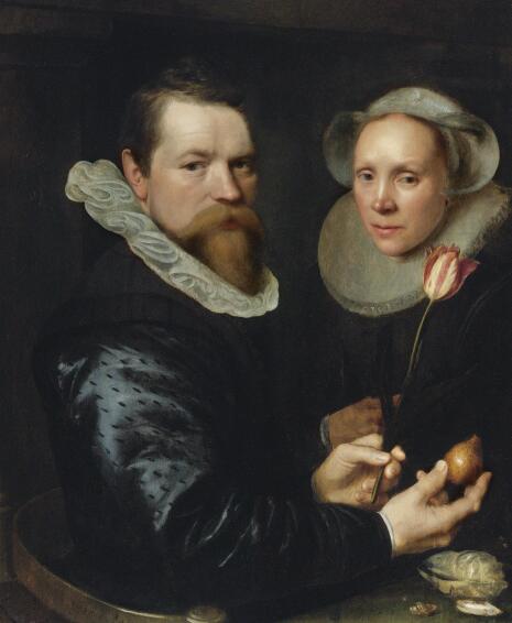 Double Portrait of a Husband and Wife with Tulip, Bulb, and Shells, 1609, Michiel van Mierevelt