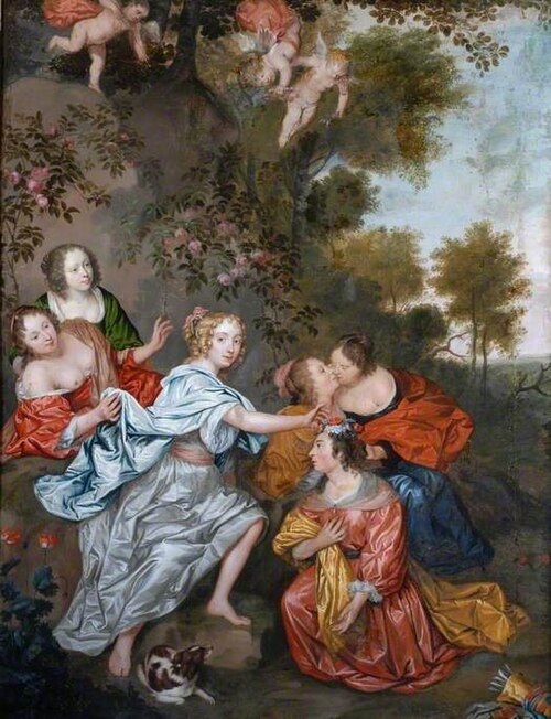 La Duchesse de la Valliere, Mistress of Louis XIV, Crowning the King with Flowers, Who is Disguised , 1664, Jan Mytens