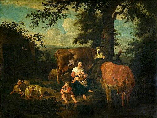Mother and Child with Cattle in a Landscape, , Jacob van der Does