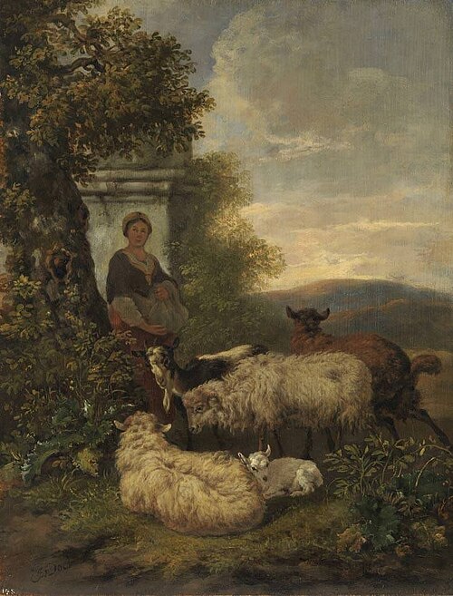 Abendlandschaft mit Schafen, Ziegen und Hirtin, 1656, Jacob van der Does