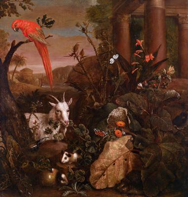 Still life of thistles, insects, marmots and a parrot near a temple, 1705, Pieter van der Hulst