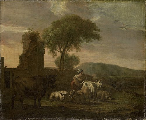 Italian landscape with sheperdess and flocks, 1712, Simon van der Does