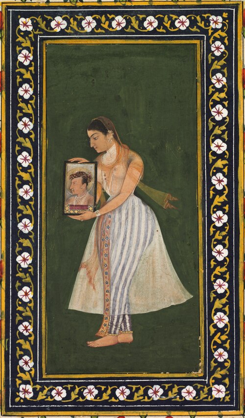 Nur Jahan holding a portrait of Emperor Jahangir, 1627, Bishandas
