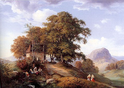 Gebirgige Landschaft mit Baumgruppe und Kapelle, im Hintergrund der Borschen, 1842, Ernst Ferdinand Oehme