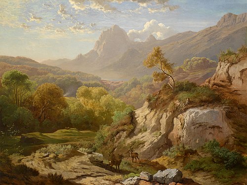 Rotwild in einer weiten Gebirgslandschaft, 1888, Albert Zimmermann