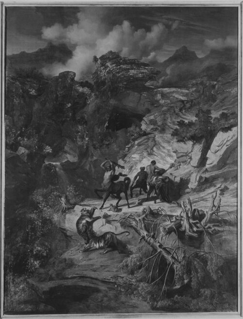 Felsenlandschaft, Kentauren kämpfen mit Leoparden, 1850, Albert Zimmermann
