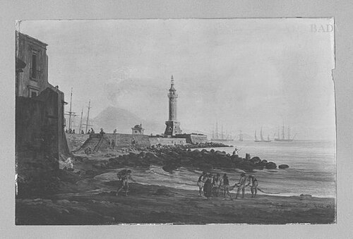 Italienische Küstenlandschaft mit Leuchtturm und Staffage (bei Pozzuoli, im Hintergrund der Vesuv), 1815, Joseph Rebell