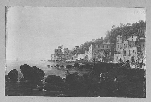 Italienische Küstenlandschaft mit Villen und Staffage (bei Positano, im Hintergrund die Insel Capri), 1815, Joseph Rebell