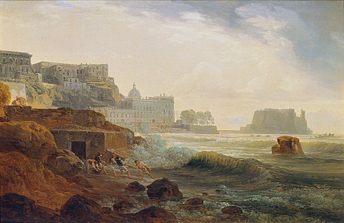 Küste bei Neapel mit Kastell und netzziehenden Fischern, 1815, Joseph Rebell