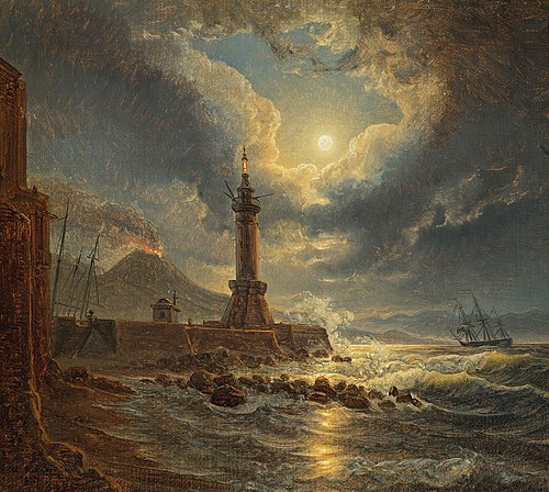 Leuchtturm im Hafen von Neapel bei Mondschein, 1827, Joseph Rebell