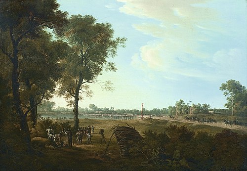 Szene aus den Napoleonischen Kriegen: Der Beginn des Brückenkopfes in der Lobau, 1810, Joseph Rebell