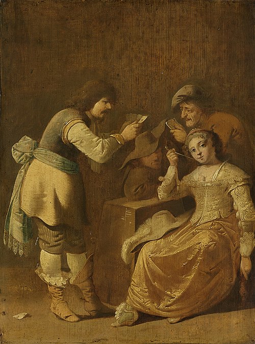 Joueurs de cartes avec une femme fumant une pipe, 1638, Pieter Jansz Quast