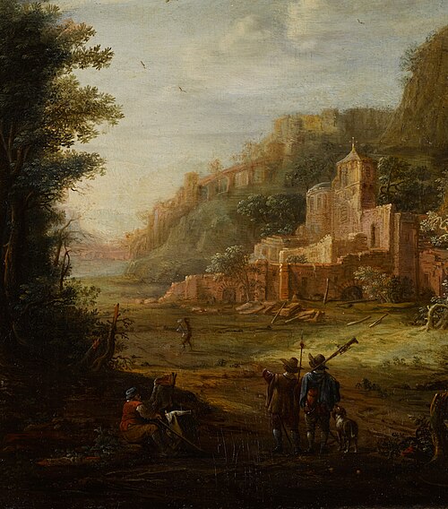 Wooded landscape with two hunters at the entrance to a valley, 1700, Eglon van der Neer