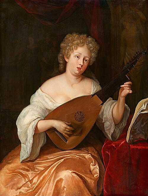 Young lady, playing the mandoline, seated at a table with red cloth, 1677, Eglon van der Neer