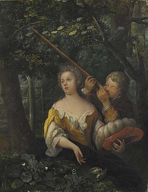 A Girl and a Boy Aiming at Birds with Pea-shooters, 1664, Eglon van der Neer