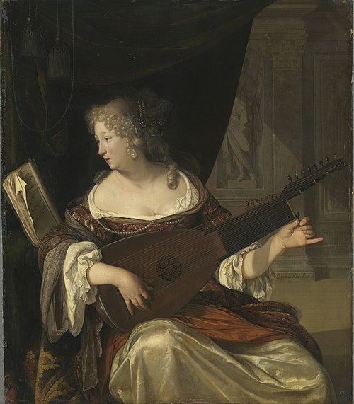 Femme accordant un théorbe, 1678, Eglon van der Neer