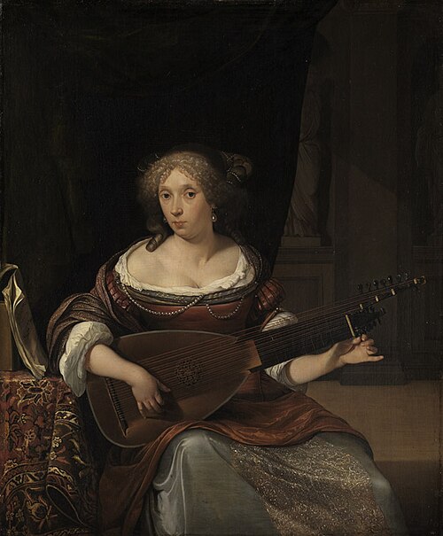 Woman tuning her lute, 1677, Eglon van der Neer
