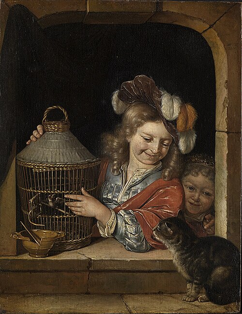 Two children with a cat and birdcage in a window, 1677, Eglon van der Neer