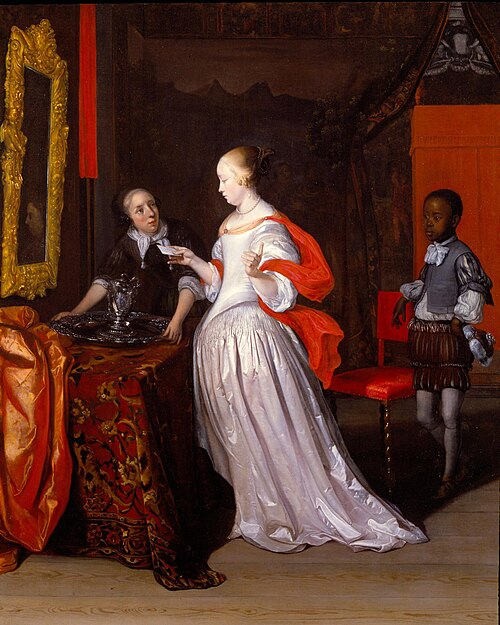 Young woman with a letter and two servants in a distinguished interior, 1673, Eglon van der Neer