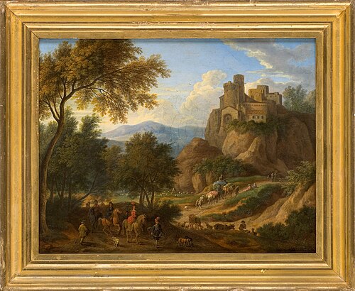 Hilly landscape with elegant company, 1685, Eglon van der Neer