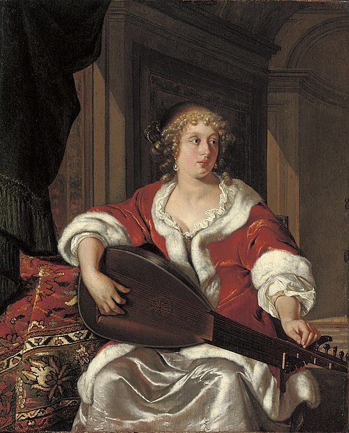 A Lady tuning a Lute, 1675, Eglon van der Neer