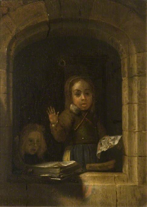 Girls with a Copybook, within a Stone Arch, 1668, Godfried Schalken