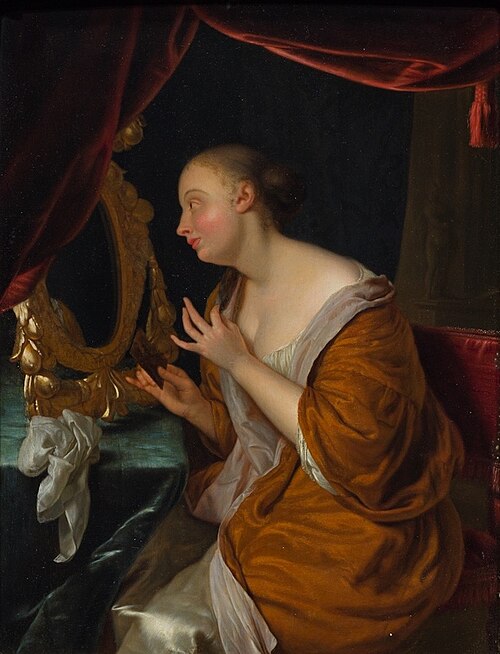 A young woman combing her hair in front of a mirror, 1662, Godfried Schalken