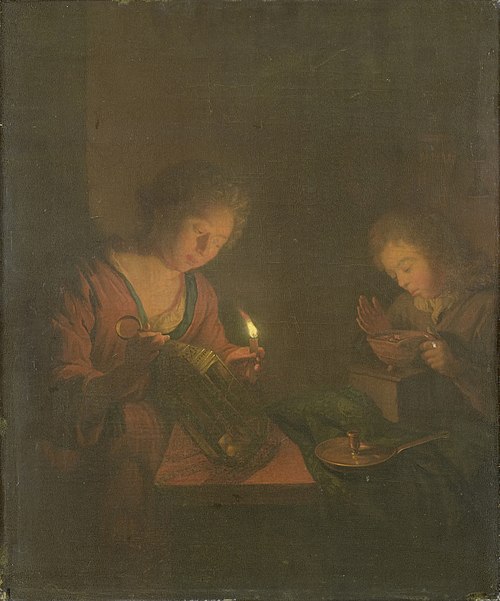 A girl putting a candle in a lantern and a boy testing the fire in a footwarmer, 1698, Godfried Schalken