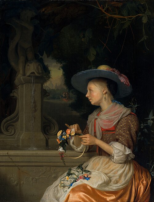 Woman Weaving a Crown of Flowers, 1675, Godfried Schalken