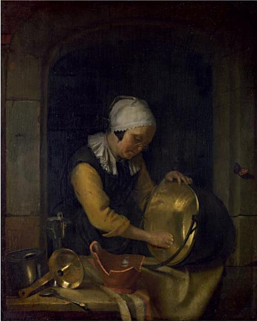 An Old Woman scouring a Pot, 1664, Godfried Schalken