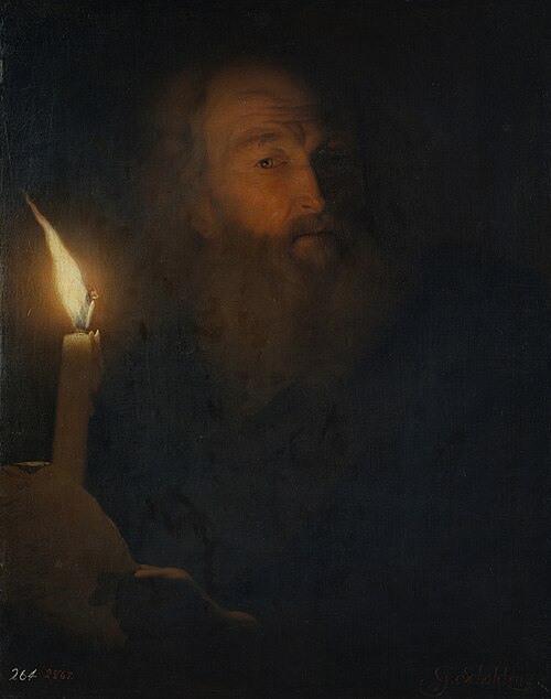 Vieil homme lisant à la lumière de bougie, 1700, Godfried Schalken