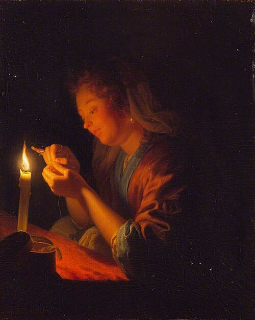 Girl Threading a Needle by Candlelight, 1670, Godfried Schalken
