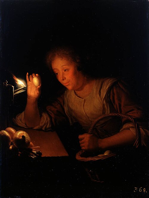 Woman holding an Egg up against a Lamp, 1667, Godfried Schalken