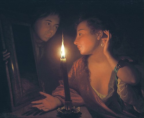 Young woman admiring an ear-pendant by candlelight, 1690, Godfried Schalken