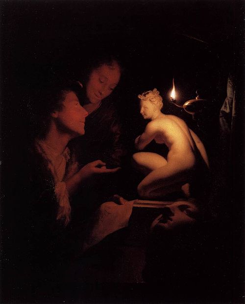 Young Man and Woman Studying a Statue of Venus, by Lamplight, 1690, Godfried Schalken