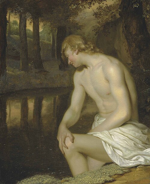 Narcissus gazing at his own reflection, 1676, Godfried Schalken