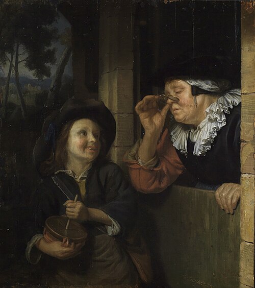 Young boy with a friction drum and an old woman, 1670, Godfried Schalken