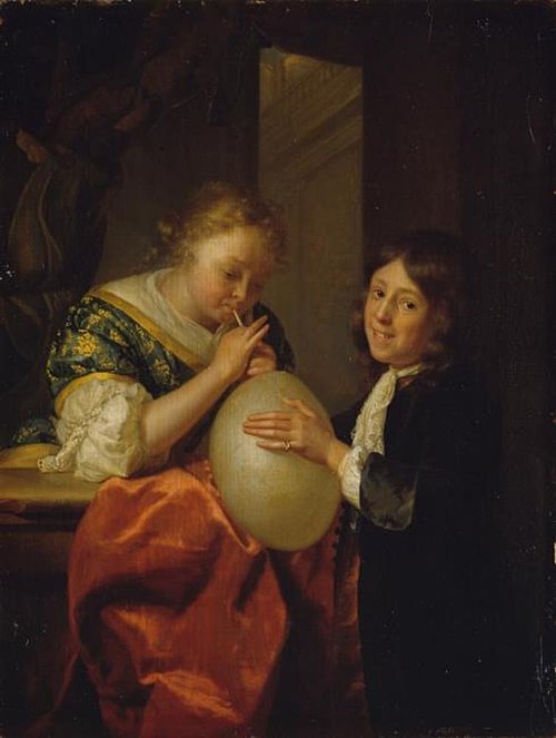 Boy and a Girl blowing a Pig's Bladder, 1682, Godfried Schalken
