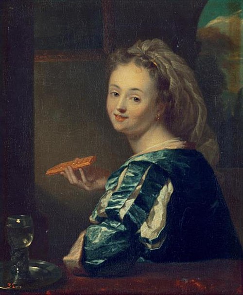 Young woman with a waffle, 1694, Godfried Schalken