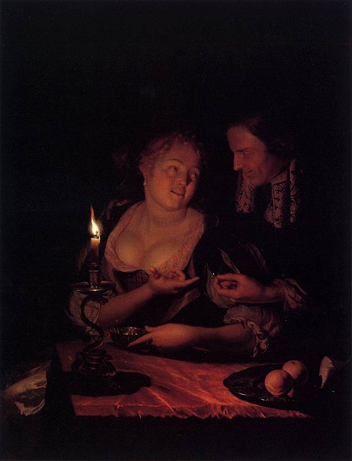Gentleman Offering a Lady a Ring in a Candlelit Bedroom, 1678, Godfried Schalcken