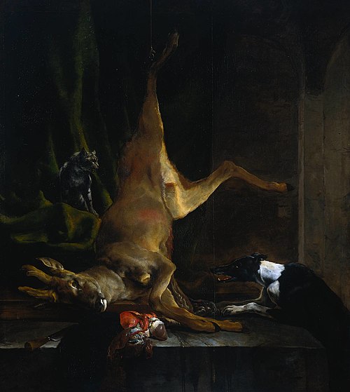 Un chien et un chat près d'un cerf partiellement éventré, 1650, Jan Baptist Weenix