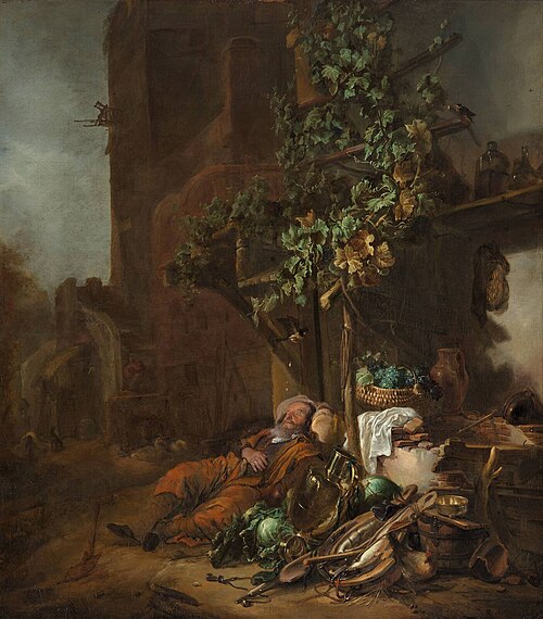 Tobit, asleep under a vine, is blinded, 1642, Jan Baptist Weenix